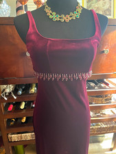 Betsy Johnson Vintage Womens Burgundy Velvet Sheath Midi Dress Beaded S picture