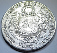 1869 Peru Un Sol With 1894 Guatemala 1 Peso Countermark 1800's Counterstamp Coin picture