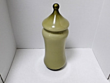 VTG Italian Hand Blown Empoli Avocado Green Lrg Apothecary Jar w Circus Tent Lid picture