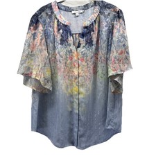Chicos Women's Top Blue Yellow Chiffon Blouse Size Large Short Sleeve Metallic picture