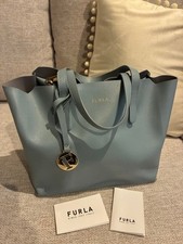 FURLA Sally Leather Tote Bag Light Smoky Blue Gold Charm Women Handbag picture