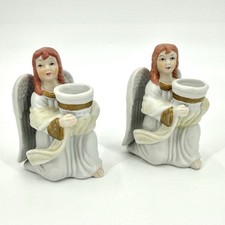 Porcelain Angel Candle Holders Set of 2 Kneeling Christmas Figurines Vintage 4” picture