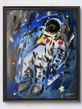 Original 14x11 Expressionist Astronaut Outer Space Painting Signed Canvas picture