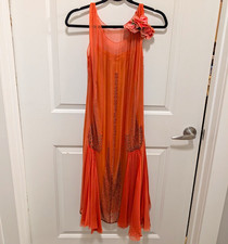 Antique 1920s Art Deco Coral Silk Chiffon Beaded Flapper Dress Floral Corsage picture