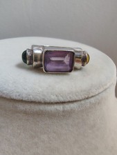 Modernist Sterling Silver 925 Emerald Cut Amethyst Cabochon Ring Size 7.75 Vtg picture