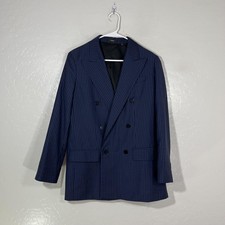 Theory Blazer Womens 4 Blue Pinstripe Wool Double Breasted Jacket Workwear picture