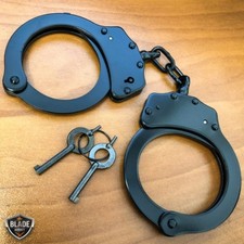 REAL Police Handcuffs DOUBLE LOCK Professional BLACK STEEL Hand Cuffs w/ Keys picture