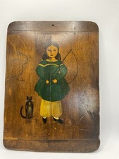 Vtg. Primitive Folk Art Painting on Wood Panel Signed Nancy Glatthaar Girl & Cat picture