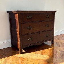Antique Victorian Oak 3 Drawer Chest Arts Crafts Style Brass Hardware picture