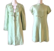 Vtg 60s Raw Silk Pale Green 2 Piece Set, Alfred Werber, Union, Embellished, 4/S picture