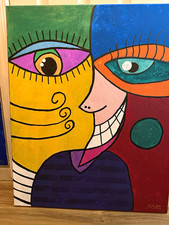 JUSTO Abstract Face Portrait Original Signed OOAK Painting on Canvas picture