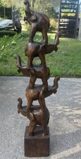 Lucky Elephant Tower Of 5 Vintage Wooden Hand Carved 19” picture