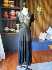 Vintage Black Lace Dress Art Deco Sheer Applique Evening Sleeveless 1930s picture
