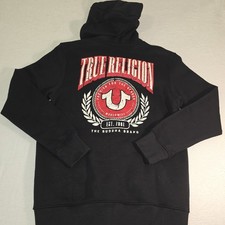 True Religion Full Zip Unisex Hoodie  Black Distressed Logo Size M NWT Grunge picture