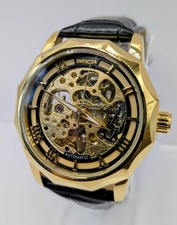 Invicta Objet D'Art Epigraph Automatic Skeleton Gold - Black Leather Mens Watch picture