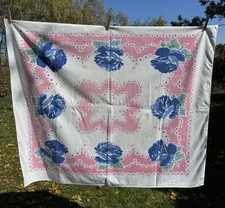 Vintage 1940S 50S Tablecloth White Pink Blue Floral About 41x51” Cute ￼ picture
