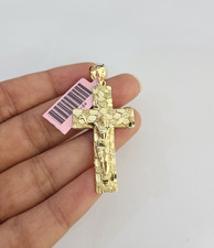 Mens 14k Yellow Gold Pendant Nugget Jesus Cross Charm REAL 14Kt Religious picture
