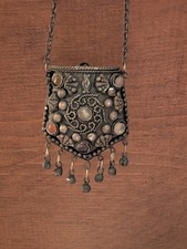 Vintage Sajai Metal Coin Necklace Stone Prayer Box Pendant Pill Purse Box Boho picture