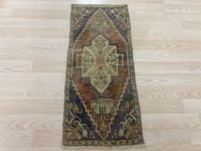 Vintage Anatolian Rug 1.1x2.5 Ft Handmade Turkish Brown Tribal Medallion Carpet picture