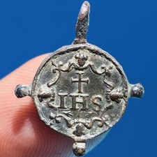 AWESOME 1600s CRUCIFIXION MEDAL OLD 17th CENTURY IHS JESUIT MEDALLION picture