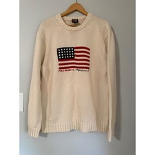 Vintage Polo Jeans Co Ralph Lauren Sweater men's Large Cream American Flag prep picture