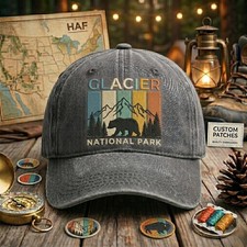 Custom Glacier National Park Embroidered Washed Hat, Retro Mountain Camping Cap picture