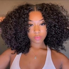 4x4 Lace Front Curly Bob Human Hair Wig Natural Black 8-16 Inch picture