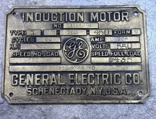 Vintage General Electric GE Induction Motor Nameplate 200 HP Industrial Brass picture