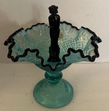 Rare Fenton Bowl With Nymph Teal, Irdecent Spanish Lace 9 1/2” Tall picture