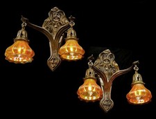 Pair Antique Figural Art Nouveau Wall Lamp Light Fixtures Gothic Arts & Crafts picture