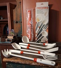 Vintage Pedrini Italy Red & White Kitchen Utensils 6 And Rack Orig Box Melamine picture