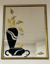 Vintage MCM Hollywood Regency Floral Painted Mirror 1980s Gold & Black 29x24 picture