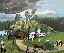 Grandma Moses (Handmade) Signed Oil Painting on Canvas 16x24 in Naif Art.. picture