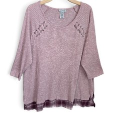 Catherines Top Womens 2X 22W 24W Pink Ribbed Knit Grommet Lace Up Plaid Blouse picture