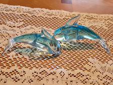 Blue Glass Mother and Baby Playing Dolphin Figurines Set Murano Glass picture