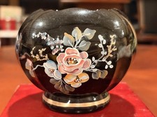 Fenton Ebony Black Glass Victorian Bouquet Rose Bowl Hand Painted 1995 Ex Cond picture
