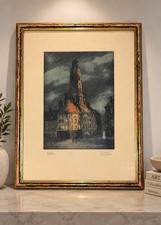 Antique L Davril Signed Aquatint Etching Calais Ancien France Night Architecture picture