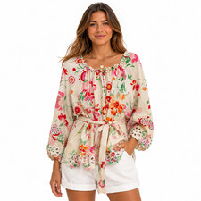 Cato Tunic Blouse Womens Large Floral Embroidered Belted 3/4 Sleeve Top picture