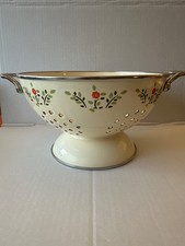 Vintage Cream Enamel Floral Colander with Handles – Farmhouse Kitchen Deco picture