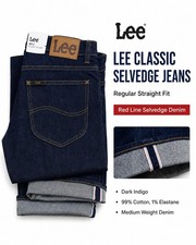 Lee Men's Selvedge Jeans Regular Straight Fit W36 L34 Premium Dark Indigo Denim picture