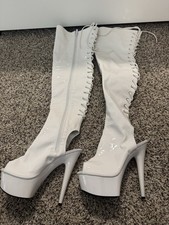Women's White Patent Leather Knee High Lace-Up Platform Open Toe Boots 4 picture