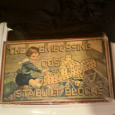 Vintage Wooden Building Blocks Set in Box w/ Round Pieces & Instruction Sheet picture
