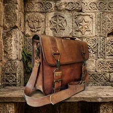 Men's Genuine Vintage Goat Leather Messenger Bag Shoulder Laptop Bag Briefcase picture