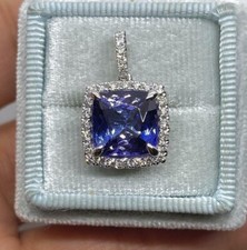 2.80Ct Cushion Cut Natural Tanzanite Halo Pendant 14K White Gold Plated 18 Chain picture