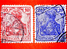 GERMAN DEUTSCHES REICH RARE 2 POSTAGE STAMPS CARMINE, BLUE, 10, 20 PF, watermark picture