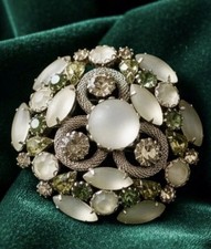 Vintage Mid-Century Rhinestone Frosted Glass Cabochon Weiss Brooch Unsigned  picture