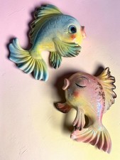 Vintage NORCREST Ceramic Blue Pink Yellow Kissing Fish Wall Plaques MCM 🐟 picture