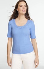 NWT Talbots Women’s Size PS Blue Lace Trim Cotton Blend Ribbed Pullover Top picture