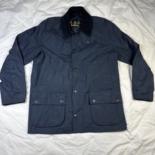 Barbour Original Waxed Jacket Navy Corduroy Collar Plaid Lined Men's Large picture