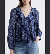 NWT Madewell Lace-Insert Pintucked Long Sleeve Top Small S Blue Floral picture